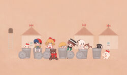 Rule 34 | 1girl, 4boys, backpack, bag, baseball cap, black eyes, black hair, black headwear, blonde hair, blue eyes, blush stickers, bow, braid, brown background, brown hair, bubble monkey, closed mouth, crossed arms, dress, glasses, green jacket, hair bow, hat, highres, jacket, jeff andonuts, ladder, monkey, mother (game), mother 2, multiple boys, ness&#039;s father, ness (mother 2), nintendo, open mouth, paula (mother 2), pink dress, poo (mother 2), red bow, red headwear, sasa (toriiro), shirt, short hair, short sleeves, smile, solid oval eyes, sprout, striped clothes, striped shirt, stuffed animal, stuffed toy, teddy bear, tony (mother 2), trash can, white shirt