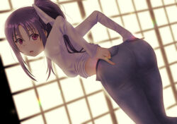 Rule 34 | 1girl, backlighting, bent over, blue pants, clothes pull, commentary request, denim, hair ribbon, indoors, jeans, jou (circlemay), kazuno sarah, leaning forward, long hair, long sleeves, looking at viewer, looking back, love live!, love live! sunshine!!, midriff, open mouth, open pants, pants, pants pull, partial commentary, pulling own clothes, purple eyes, purple hair, ribbon, shirt, shouji, side ponytail, sliding doors, solo, standing, undressing, white ribbon, white shirt