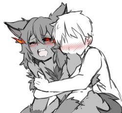 Rule 34 | 1boy, 1girl, animal ears, animal hands, artist request, biting, black hair, black sclera, blush, colored sclera, colored skin, dog ears, dog tail, faceless, faceless male, fur, grey skin, hellhound (monster girl encyclopedia), hetero, hug, hug from behind, implied sex, limited palette, long hair, moaning, monochrome, monster girl, monster girl encyclopedia, monster girl encyclopedia ii, open mouth, red eyes, simple background, sketch, spot color, sweat, tail, white background, wince