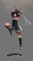 Rule 34 | 1girl, armpits, artist request, black hair, bloodstained: ritual of the night, blue eyes, breast tattoo, brown hair, detached sleeves, dress, flower tattoo, full body, gauntlets, gradient hair, grey background, hair between eyes, hair ornament, holding, holding sword, holding weapon, horns, leg tattoo, looking at viewer, miriam (bloodstained), multicolored hair, pale skin, shorts under dress, simple background, solo, stained glass, sword, tattoo, two-handed, wavy hair, weapon