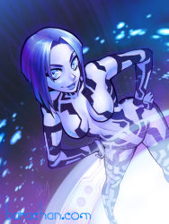 Rule 34 | 1girl, adam warren (style), barachan, bent over, blue background, blue eyes, blue hair, blue lips, blue skin, colored skin, cortana, from above, halo (game), halo (series), hands on own hips, hologram, looking at viewer, looking up, navel, parody, parted bangs, parted lips, short hair, solo, style parody, thick lips