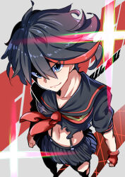 Rule 34 | 1girl, absurdres, black hair, black sailor collar, blue eyes, clenched hands, commentary request, copyright name, cropped shirt, feet out of frame, from above, gloves, highres, kamonegi (meisou1998), kill la kill, lens flare, life fiber, looking at viewer, matoi ryuuko, midriff, multicolored hair, navel, red gloves, red hair, revealing clothes, sailor collar, school uniform, senketsu, serafuku, short hair, short sleeves, smile, solo, sparkle, two-tone hair, v-shaped eyebrows, white background