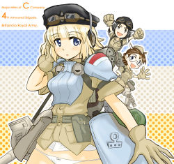 Rule 34 | 00s, 3girls, animal ears, armor, beret, blonde hair, blue eyes, cecilia glinda miles, gloves, goggles, goggles on head, hat, headphones, kitano furuko, marilyn (strike witches), marilyn (world witches series), multiple girls, panties, rabbit girl, strike witches, underwear, uniform, vt (ytoh02), weapon, white panties, witches of africa, world witches series