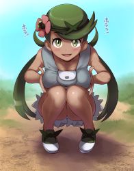 Rule 34 | 1girl, :d, bare arms, bare shoulders, blue sky, blush, breast lift, breasts, collarbone, commentary request, creatures (company), dark-skinned female, dark skin, day, ero kaeru, flower, full body, game freak, grass, green eyes, green footwear, green hair, green hairband, hair flower, hair ornament, hairband, knees together feet apart, long hair, looking at viewer, low twintails, mallow (pokemon), medium breasts, nintendo, open mouth, outdoors, overalls, pink flower, pokemon, pokemon (anime), pokemon sm (anime), shadow, shiny skin, shoes, sky, smile, solo, squatting, swept bangs, twintails, very long hair