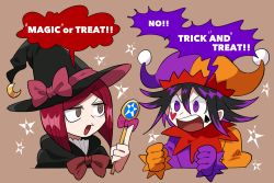 Rule 34 | 1boy, 1girl, angry, black headwear, bow, brown background, brown eyes, commentary request, crescent moon, danganronpa (series), danganronpa v3: killing harmony, english text, eye contact, furukawa (yomawari), hair between eyes, hair ornament, halloween, halloween costume, hat, hat bow, heart, holding, holding wand, jester, jester cap, looking at another, moon, open mouth, oma kokichi, purple eyes, red bow, red hair, short hair, spade (shape), sparkle, speech bubble, teeth, upper teeth only, wand, witch hat, yumeno himiko