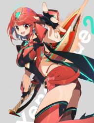 Rule 34 | 1girl, black gloves, breasts, chest jewel, earrings, fingerless gloves, gloves, highres, jewelry, large breasts, machi (wm), pyra (xenoblade), red eyes, red hair, red shorts, red thighhighs, short hair, short shorts, shorts, solo, swept bangs, thighhighs, tiara, xenoblade chronicles (series), xenoblade chronicles 2