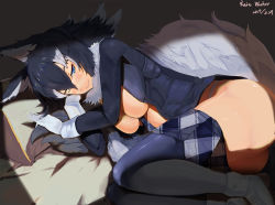 Rule 34 | 10s, 1girl, animal ears, black hair, blue eyes, blush, breasts, fur collar, gloves, grey wolf (kemono friends), heterochromia, highres, kemono friends, large breasts, long hair, looking at viewer, lying, multicolored hair, necktie, on side, open clothes, rainwasher, skirt, solo, tail, thighhighs, two-tone hair, wolf ears, wolf tail, yellow eyes