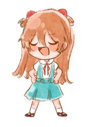 Rule 34 | 1girl, artist request, blush, blush stickers, brown hair, chibi, cowboy shot, hair between eyes, hair ornament, hands on own hips, highres, interface headset, long hair, neon genesis evangelion, school uniform, skirt, smile, solo, souryuu asuka langley, standing, tokyo-3 middle school uniform, two side up, white background