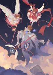 Rule 34 | 3girls, absurdres, angel wings, antenna hair, bad id, bad pixiv id, bow, brown hair, card, cardcaptor sakura, choker, clear card, cloud, commentary, dress, falling, feathered wings, flying, frilled dress, frills, fuuin no tsue, gloves, green eyes, hair ornament, hat, hat ribbon, highres, holding, holding wand, hoshi no tsue, kinomoto sakura, layered dress, magical girl, multiple girls, multiple persona, night, night sky, pink ribbon, puffy short sleeves, puffy sleeves, red bow, red dress, red footwear, red ribbon, ribbon, short hair, short sleeves, short twintails, sidelocks, sky, sophie usui, star (sky), star (symbol), star choker, twintails, wand, white dress, white gloves, white wings, wings, yume no tsue