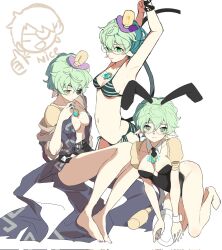 Rule 34 | 1girl, animal ears, armpits, bare shoulders, barefoot, bikini, black coat, black leotard, black necktie, breasts, cleavage, closed eyes, coat, commentary, core crystal (xenoblade), cosplay, english commentary, eyepatch, fake animal ears, full body, glasses, green bikini, green eyes, green hair, highleg, highleg leotard, highres, holding, holding plate, leotard, looking at viewer, medium breasts, multiple views, nail polish, naked coat, navel, necktie, no bra, no shoes, open clothes, open coat, pandoria (beach date) (xenoblade), pandoria (xenoblade), plate, playboy bunny, pointy ears, purple nails, rabbit ears, short hair, simple background, solo, stephanieh81080, stomach, strapless, strapless leotard, stretching, string bikini, striped bikini, striped clothes, swimsuit, tail, toenail polish, toenails, white background, xenoblade chronicles (series), xenoblade chronicles 2, zeke von genbu (xenoblade), zeke von genbu (xenoblade) (cosplay)
