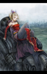 Rule 34 | 1990s (style), 1girl, blonde hair, boots, breasts, cape, detached sleeves, dsmax, elbow gloves, female focus, final fantasy, final fantasy vi, full body, gloves, legs, letterboxed, long hair, long legs, magitek armor, outdoors, pantyhose, ponytail, retro artstyle, sitting, sky, solo, thighs, tina branford