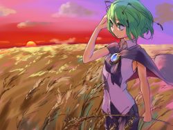 Rule 34 | 1girl, antennae, black cape, black shorts, breasts, brooch, cape, closed mouth, collared shirt, commentary request, cowboy shot, expressionless, gradient sky, green eyes, green hair, jewelry, kijima (amayadori-tei), looking afar, purple sky, red cape, red sky, shirt, short hair, shorts, sky, sleeveless, sleeveless shirt, small breasts, solo, sunset, touhou, two-sided cape, two-sided fabric, wheat field, white shirt, wind, wriggle nightbug