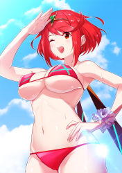 Rule 34 | 1girl, armband, bikini, breasts, gem, green322, hair ornament, headpiece, highres, jewelry, large breasts, navel, nintendo, one eye closed, pyra (xenoblade), red eyes, red hair, reflection, short hair, smile, solo, sweat, sweatdrop, swept bangs, swimsuit, tiara, underboob, wet, xenoblade chronicles (series), xenoblade chronicles 2