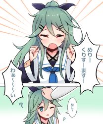 Rule 34 | 000 (jicasoe), 10s, 1girl, ?, absurdres, black ribbon, black thighhighs, breasts, closed eyes, comic, commentary, detached sleeves, green hair, hair between eyes, hair ornament, hair ribbon, hairclip, hand on another&#039;s head, headpat, highres, kantai collection, long hair, one eye closed, open mouth, ponytail, ribbon, school uniform, serafuku, skirt, speech bubble, thighhighs, translation request, yamakaze (kancolle)