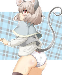 Rule 34 | 1girl, animal ears, ass, black thighhighs, blush, bow, bow panties, capelet, commentary request, contrapposto, cowboy shot, grey hair, grey vest, highres, layered clothes, long sleeves, looking at viewer, looking down, mepikari, mouse ears, mouse girl, mouse tail, nazrin, no pants, open mouth, panties, red eyes, shirt, short hair, solo, tail, thighhighs, touhou, underwear, vest, white panties, white shirt