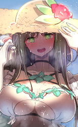 Rule 34 | 1girl, bikini, black survival, blush, breasts, brown hair, cleavage, clothing cutout, eternal return: black survival, green eyes, gweon sua, hat, large breasts, long hair, multi-strapped bikini, official alternate costume, open mouth, solo, sun hat, swimsuit, t method, teeth, underboob cutout, upper body, upper teeth only, wet