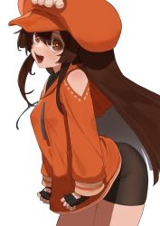 Rule 34 | + +, 1girl, absurdres, bike shorts, black gloves, black shorts, brown eyes, brown hair, cabbie hat, drawstring, fingerless gloves, flasso, gloves, guilty gear, guilty gear strive, hat, highres, hood, hoodie, looking at viewer, may (guilty gear), open mouth, orange hat, orange hoodie, orange shirt, shirt, shorts, skull and crossbones, solo, white background