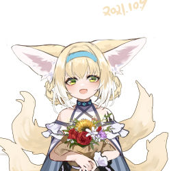 Rule 34 | 1girl, :d, absurdres, animal ears, arknights, bare shoulders, black collar, blonde hair, blue hair, bouquet, braid, collar, commentary request, dated, dress, flower, fox ears, fox girl, fox tail, green eyes, highres, holding, holding bouquet, infection monitor (arknights), looking at viewer, material growth, multicolored hair, multiple tails, open mouth, oripathy lesion (arknights), purple flower, red flower, shio (shiofeifei), short hair, simple background, single wrist cuff, smile, solo, straight-on, streaked hair, suzuran (arknights), tail, upper body, white background, white dress, white flower, white hair, white wrist cuffs, wrist cuffs, yellow flower