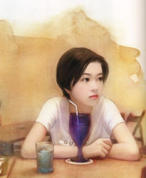 Rule 34 | 1girl, black eyes, brown hair, chen shu fen, cup, drink, drinking straw, glass, highres, realistic, short hair, solo