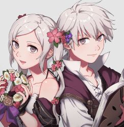 Rule 34 | 1boy, 1girl, absurdres, alternate costume, bare shoulders, black gloves, book, closed mouth, collarbone, fingerless gloves, fire emblem, fire emblem heroes, flower, gloves, grey eyes, hair between eyes, hair flower, hair ornament, high collar, highres, holding, holding book, holding flower, looking at viewer, nintendo, official alternate costume, open mouth, peach11 01, purple robe, robe, robin (female) (fire emblem), robin (female) (valentine) (fire emblem), robin (fire emblem), robin (male) (fire emblem), robin (male) (valentine) (fire emblem), shirt, simple background, smile, swept bangs, twintails, white shirt