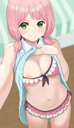 Rule 34 | 1girl, bang dream!, bikini, blush, bra, bra pull, breasts, cleavage, clothes lift, clothes pull, commission, highres, large breasts, low twintails, navel, nipples, pink bikini, pink hair, shibasaki shouji, shirt lift, skeb commission, smile, solo, swimsuit, swimsuit under clothes, twintails, uehara himari, underwear