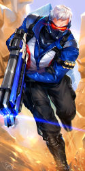 Rule 34 | 1boy, ammunition, armored boots, artist name, assault rifle, bandolier, black pants, blue jacket, boots, energy gun, glowing, gun, highres, holding, holding gun, holding weapon, jacket, lina rojas, male focus, mask, overwatch, overwatch 1, pants, rifle, scar, scar on face, short hair, soldier: 76 (overwatch), solo, visor, weapon, white hair