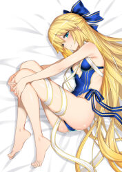Rule 34 | 1girl, artoria caster (fate), artoria caster (swimsuit) (fate), artoria caster (swimsuit) (third ascension) (fate), artoria caster (third ascension) (fate), artoria pendragon (fate), bare arms, bare legs, bare shoulders, barefoot, bed sheet, blonde hair, blue bow, blue one-piece swimsuit, blue ribbon, bow, commentary request, fate/grand order, fate (series), feet, green eyes, long hair, lying, multicolored ribbon, namonashi, on side, one-piece swimsuit, ribbon, simple background, solo, swimsuit, very long hair