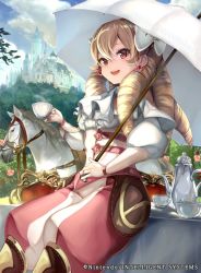 Rule 34 | 1girl, bow, capelet, castle, company connection, copyright name, cup, drill hair, earrings, fire emblem, fire emblem awakening, fire emblem cipher, hair bow, holding, horse, jewelry, long hair, looking at viewer, maribelle (fire emblem), nintendo, official art, open mouth, outdoors, pants, parasol, pisuke, smile, solo, teacup, teapot, thighhighs, umbrella