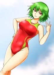Rule 34 | 1girl, blue background, breasts, competition swimsuit, d-m (dii emu), dutch angle, green hair, hand on own hip, highres, kazami yuuka, medium breasts, one-piece swimsuit, red eyes, red one-piece swimsuit, short hair, smile, solo, swimsuit, touhou