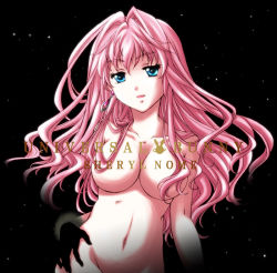 Rule 34 | 1girl, bad id, bad pixiv id, blue eyes, breasts, censored, convenient censoring, earrings, female focus, gloves, hair over breasts, hand on own hip, hip focus, jewelry, large breasts, long hair, macross, macross frontier, navel, nude, out-of-frame censoring, pink hair, sheryl nome, single earring, solo, tsubasam, universal bunny