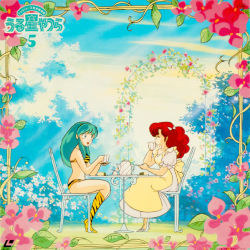 Rule 34 | 1980s (style), 2girls, animal print, arch, boots, chair, cover, cup, dress, floral arch, flower, green hair, hair over shoulder, holding, long hair, lum, multiple girls, official art, oldschool, open mouth, outdoors, puffy sleeves, ran (urusei yatsura), red hair, retro artstyle, sitting, table, tea, teacup, teapot, tiger print, urusei yatsura