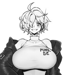 Rule 34 | 1girl, artist request, blush, breasts, hair over one eye, hand on own hip, huge breasts, jacket, looking at viewer, monochrome, one piece, open clothes, open jacket, shiny clothes, short hair, simple background, skin tight, smile, solo, thighs, vegapunk lilith, white background