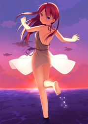 Rule 34 | 1girl, ass, backless dress, backless outfit, bare legs, bare shoulders, barefoot, blush, dress, flat ass, gradient background, horizon, kinta (distortion), leg up, long hair, looking at viewer, looking back, no panties, original, purple eyes, red hair, smile, solo, standing, standing on one leg, wading, water, white dress