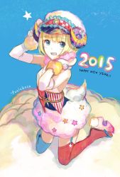 Rule 34 | 1girl, 2015, artist name, blonde hair, blue eyes, blue thighhighs, blush, chinese zodiac, fuzichoco, garter straps, happy new year, hat, highres, horns, kneeling, new year, open mouth, original, red thighhighs, sandals, smile, solo, star (symbol), teeth, thighhighs, white hat, year of the goat, year of the ram