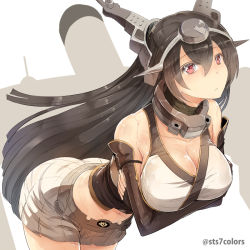 Rule 34 | 10s, 1girl, black hair, breasts, cleavage, elbow gloves, fingerless gloves, gloves, hairband, headgear, kantai collection, large breasts, long hair, midriff, miniskirt, nagato (kancolle), red eyes, simple background, skirt, solo, sts, very long hair