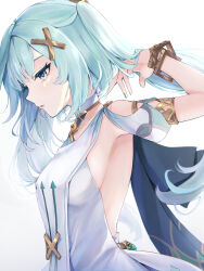 Rule 34 | 1girl, absurdres, aqua hair, arm up, bracelet, breasts, commentary request, dress, faruzan (genshin impact), genshin impact, hand in own hair, highres, jewelry, parted lips, profile, short sleeves, sideboob, simple background, small breasts, solo, twintails, upper body, ura (hamburg oniku), white background, white dress