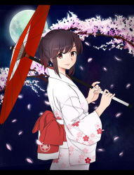 Rule 34 | 1girl, black hair, bow, brown hair, cherry blossoms, cowboy shot, floral print, from side, full moon, gradient hair, high ponytail, holding, japanese clothes, kimono, letterboxed, light smile, long sleeves, looking at viewer, looking back, moon, multicolored hair, night, night sky, obi, oil-paper umbrella, original, outdoors, over shoulder, petals, ponytail, red eyes, red hair, sash, short hair, short ponytail, sidelocks, sky, smile, solo, star (sky), starry sky, suzumo70, tree, umbrella, wide sleeves, yukata