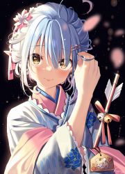 Rule 34 | 1girl, absurdres, ahoge, arrow (projectile), bell, blue hair, blue kimono, blush, closed mouth, commentary, elf, english commentary, eyes visible through hair, floral print, flower, hair between eyes, hair flower, hair ornament, hairclip, highres, hololive, japanese clothes, jingle bell, kimono, kuri (animejpholic), long sleeves, looking at viewer, pointy ears, red ribbon, ribbon, short hair, signature, smile, solo, upper body, virtual youtuber, yellow eyes, yukihana lamy, yukihana lamy (new year)