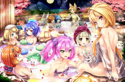 Rule 34 | 6+girls, :d, ahoge, animal ears, black towel, blank eyes, blonde hair, blue eyes, blue hair, blue towel, breasts, brown eyes, brown hair, character request, cherry blossoms, cleavage, closed eyes, collarbone, full moon, green eyes, hair ornament, highres, long hair, loussier ellerensia, lumiere (shironeko project), marl (shironeko project), medium breasts, moon, multiple girls, naked towel, night, noa (shironeko project), nyama (12060517), onsen, open mouth, orange hair, outdoors, partially submerged, pink hair, pink towel, rabbit ears, red eyes, see-through, shironeko project, shoulder blades, sideboob, silver hair, sitting, sky, small breasts, smile, sparkle, star (sky), starry sky, towel, towel on head, twintails, very long hair, yellow towel