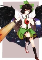 Rule 34 | 1girl, absurdres, arm cannon, asymmetrical footwear, baron (x5qgeh), black hair, black socks, black wings, bow, cape, collared shirt, feathered wings, frilled shirt, frilled shirt collar, frilled skirt, frills, full body, green bow, green skirt, grey background, hair bow, highres, kneehighs, long hair, looking at viewer, mismatched footwear, open mouth, puffy short sleeves, puffy sleeves, red eyes, reiuji utsuho, shirt, short sleeves, simple background, skirt, socks, solo, third eye on chest, touhou, very long hair, weapon, white cape, white shirt, wings