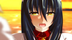 Rule 34 | 1girl, anime coloring, black hair, blurry, blurry background, blurry foreground, blush, close-up, commentary request, d:, depth of field, hair between eyes, highres, long hair, looking at viewer, maid, maid headdress, minarai tenna, open mouth, original, outdoors, slit pupils, solo, sunset, wing collar, yellow eyes