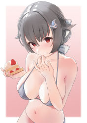Rule 34 | 1girl, bikini, black hair, blush, breasts, cake, finger in own mouth, food, food on face, grey bikini, hair between eyes, hair bun, hair flaps, hair ornament, hair ribbon, highres, holding, holding food, jingei (kancolle), kantai collection, large breasts, looking at viewer, red eyes, ribbon, sakieko, simple background, solo, swimsuit, upper body