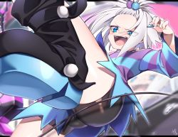 Rule 34 | 1girl, ass, bike shorts, blue eyes, blush, boots, creatures (company), dress, forehead, game freak, hair bobbles, hair ornament, highres, jumping, looking at viewer, matagi 14, nintendo, perspective, plectrum, pokemon, pokemon bw2, roxie (pokemon), shouting, solo, striped clothes, striped dress, thighs, topknot, white hair, wire