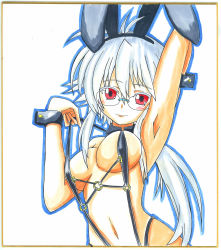 Rule 34 | 1girl, animal ears, arm up, armpits, bad id, bad pixiv id, breasts, fuurin rei, highres, long hair, looking at viewer, navel, original, rabbit ears, red eyes, shikishi, simple background, solo, tomoyan (nyakkoya), traditional media, white background, white hair