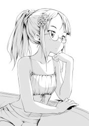 Rule 34 | 1girl, alternate hairstyle, camisole, flower, glasses, greyscale, hair flower, hair ornament, hamao, marigold, monochrome, perrine h. clostermann, ponytail, solo, strike witches, world witches series