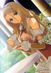 Rule 34 | 10s, 1girl, absurdres, blue eyes, breast press, breasts, brown hair, cup, detached sleeves, dutch angle, highres, holding, long hair, looking at viewer, rufina (shining hearts), saucer, sega, shining (series), shining hearts, smile, solo, teacup, tony taka