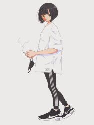 Rule 34 | 1girl, black footwear, black hair, black pants, blunt bangs, blunt ends, bob cut, cigarette, from side, full body, heel up, holding, holding cigarette, looking at viewer, looking to the side, mask, mouth mask, nao97122, nike (company), original, own hands together, pants, parted lips, shirt, shoes, short hair, short sleeves, simple background, smoke, smoking, sneakers, solo, standing, streetwear, t-shirt, triple vertical stripe, unworn mask, white background, white shirt, yellow eyes