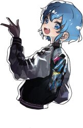 Rule 34 | 1girl, :d, blue eyes, blue hair, clothes writing, cropped torso, dorothy west, group name, hand up, highres, jacket, letterman jacket, long sleeves, looking at viewer, looking back, open mouth, pretty series, pripara, ritsu (roboroboro), short hair, simple background, smile, solo, upper body, w, white background