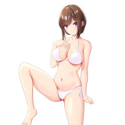 Rule 34 | 1girl, absurdres, animal ears, bare arms, bare shoulders, barefoot, bikini, breasts, brown hair, cameltoe, cat ears, cleavage, cleft of venus, clenched hand, closed mouth, collarbone, highres, large breasts, looking at viewer, marui koishi, navel, original, purple eyes, sidelocks, simple background, smile, solo, standing, standing on one leg, swimsuit, thighs, toes, white background, white bikini