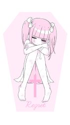 Rule 34 | 1girl, bandaged arm, bandages, barefoot, blunt bangs, bow, bruise, bruise on face, closed eyes, coffin, cross, crossed arms, dress, english text, ezaki bisuko, hair bow, highres, injury, menhera-chan (ezaki bisuko), menhera-chan (ezaki bisuko) (character), merchandise available, pink hair, scar, self-harm scar, short twintails, sidelocks, simple background, sitting, solo, tears, twintails, white background, white bow, white dress